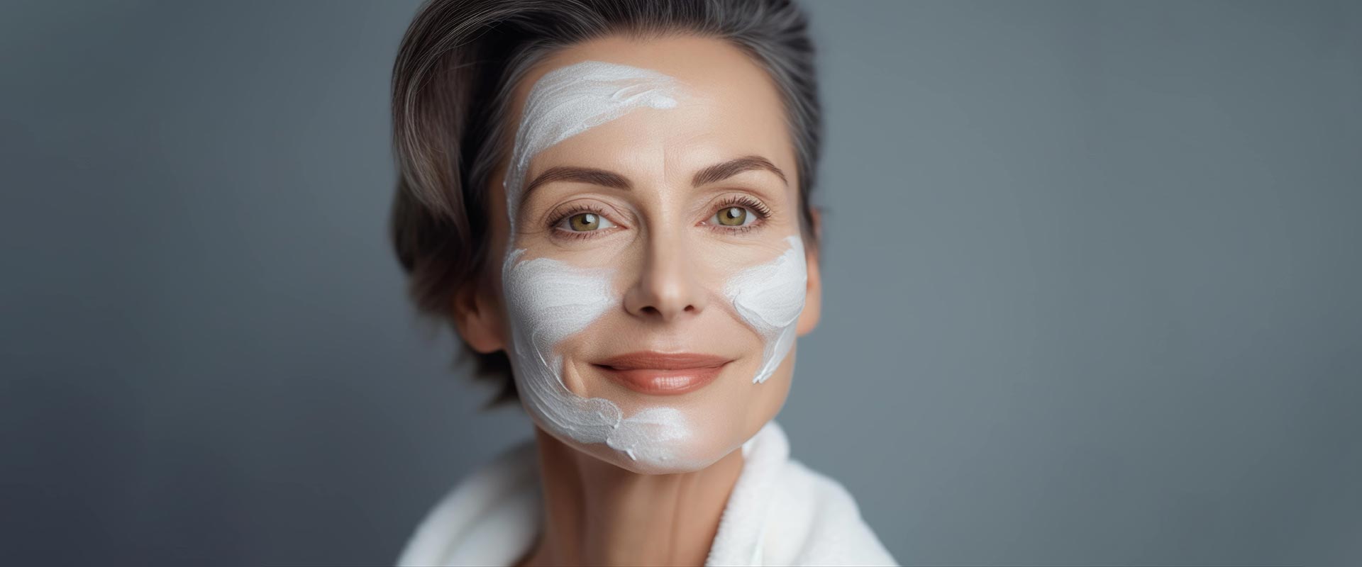 Portrait of a happy fifty year old woman with cream applied to her face close up rejuvenation concept 1